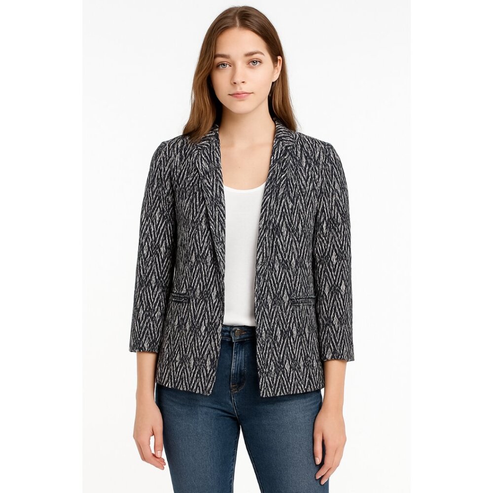 Skies are Blue Collarless Open Front Blue Geometric Southwestern Print Blazer